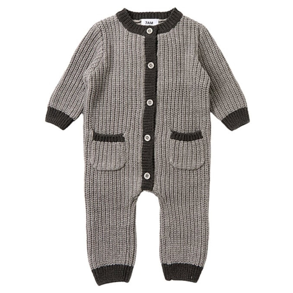 Chunky Ribbed Knit Round Neck Long Sleeve Romper Heather Grey & Black 6-9 months